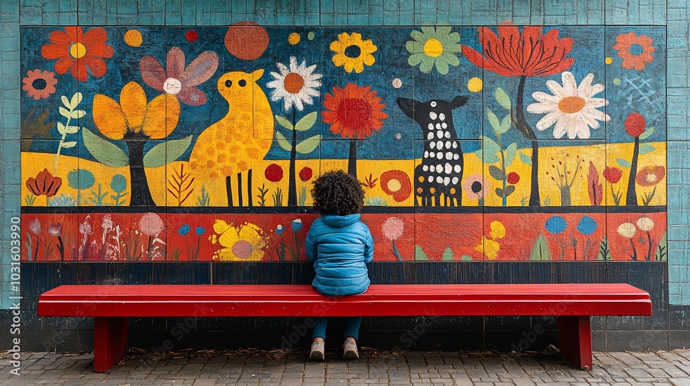 Obraz premium A young person sits on a red bench in front of a colorful tiled mural depicting animals and flowers.