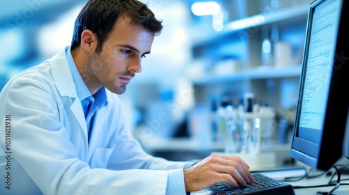 Scientist Typing on Keyboard in Lab