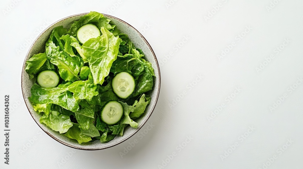Obraz premium A simple green salad bowl featuring romaine lettuce, cucumbers, and a lemon vinaigrette, set against a clean white background for a fresh vibe.