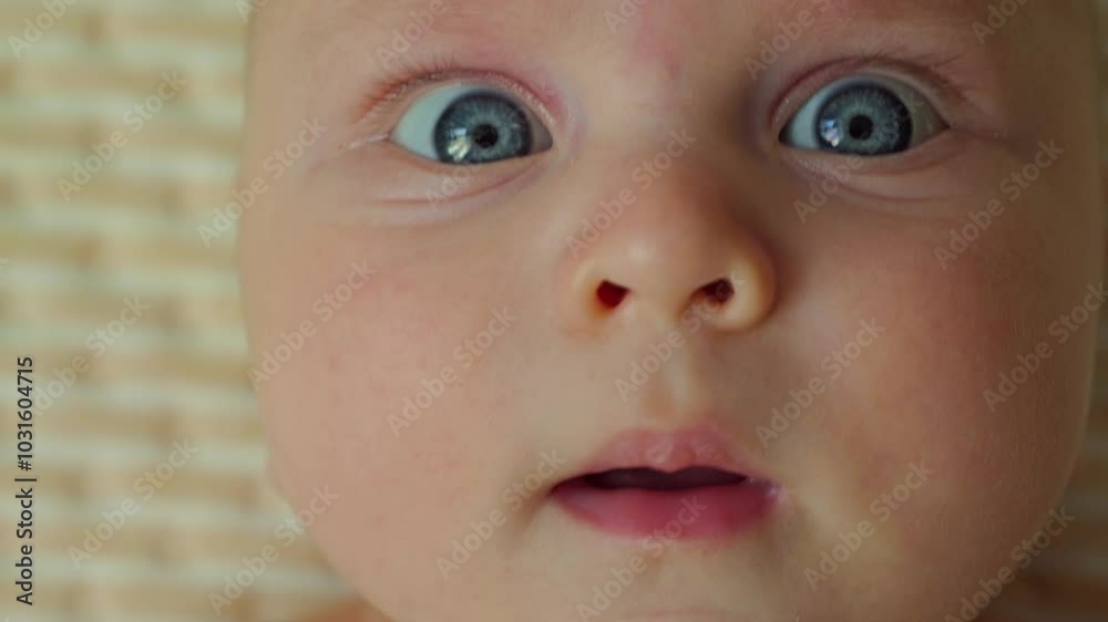 A close-up of a infant's face with big blue eyes. The toddler looks at the camera with curiosity A close-up of a infant's face with big blue eyes. The toddler looks at the camera with curiosity