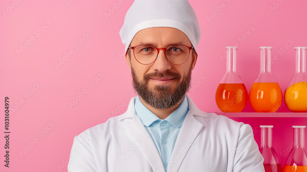 A confident scientist stands with crossed arms in a laboratory, dressed in a white coat and glasses. Colorful laboratory flasks filled with liquids are neatly arranged on a shelf behind him A confident scientist stands with crossed arms in a laboratory, dressed in a white coat and glasses. Colorful laboratory flasks filled with liquids are neatly arranged on a shelf behind him