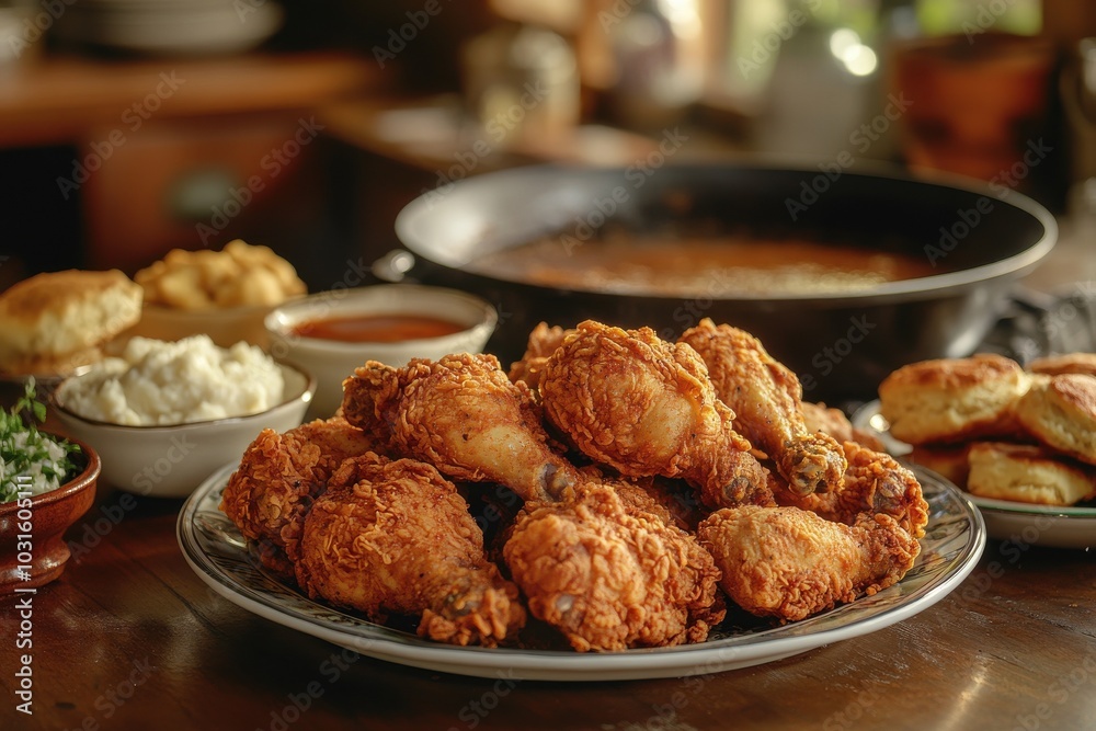A plate of fried chicken is on a table with other food items A plate of fried chicken is on a table with other food items