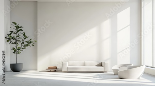 Minimalist white room with plant, sofa, chairs, and window. photo