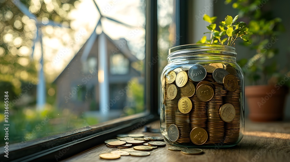 Glass jar filling with coins, house powered by wind turbines in background, concept of renewable energy savings Glass jar filling with coins, house powered by wind turbines in background, concept of renewable energy savings