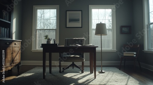 Sunlit Home Office with Desk, Chair, and Floor Lamp