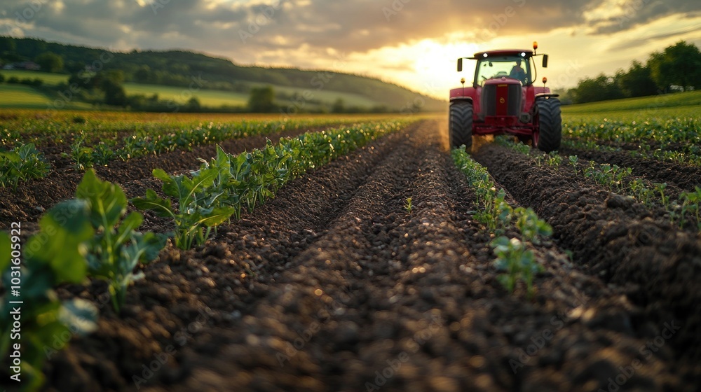 A red tractor cultivates a field of young crops at sunset. A red tractor cultivates a field of young crops at sunset.