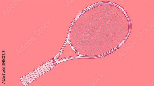 A simple, continuous line drawing of a tennis racket. It's a clean, modern design representing tennis, competition, and sports.continuous single one line art concept.