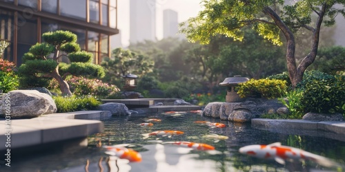 Koi fish swim in a Japanese garden pond.