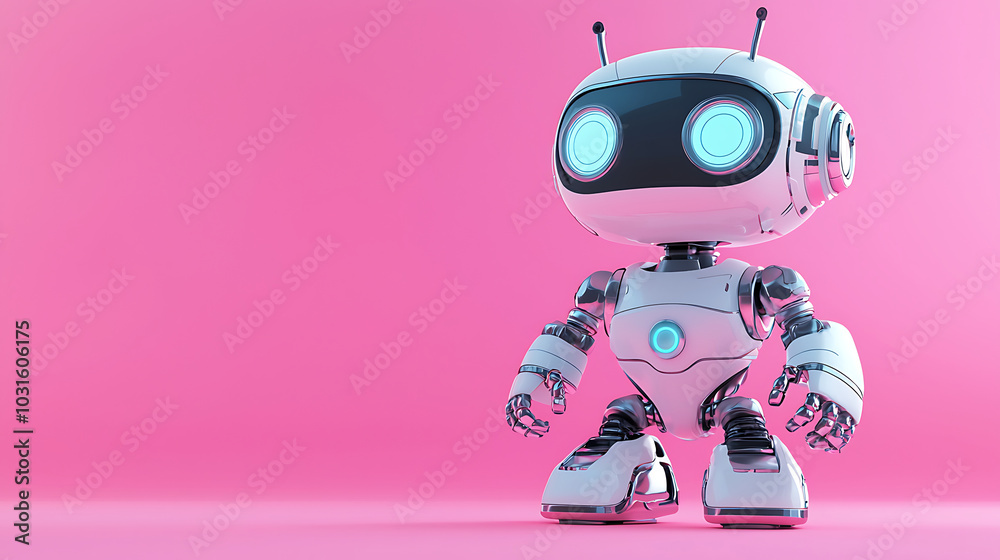 Charming Futuristic Robot on Pink Background Charming Futuristic Robot on Pink Background