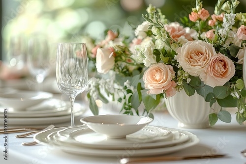 Stunningly Elegant Table Centerpiece Featuring Peach Roses and Eucalyptus for Special Occasions