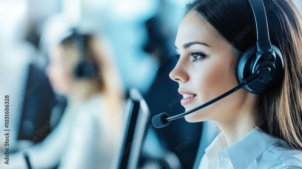 Customer service representative wearing a headset and looking focused while working in an office. Customer service representative wearing a headset and looking focused while working in an office.