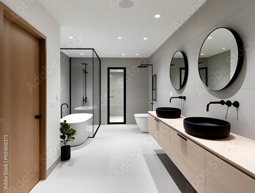 modern ensuite bathroom with sleek timber vanity black fixtures pillshaped mirrors and minimalist design create a sophisticated spalike retreat (16) photo