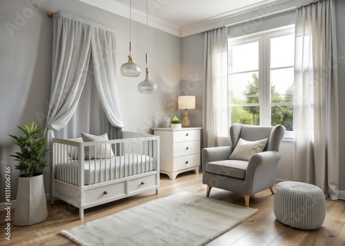 Modern Nursery Interior with Minimalist Design, Grey Curtains, White Dresser, Cozy Sofa, Soft Textiles, Calm Atmosphere, Baby Room Decor, Neutral Colors, Elegant Simplicity
