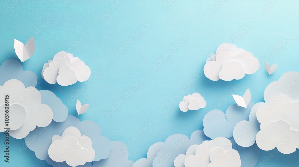 Blue Sky with Paper Clouds and Leaves