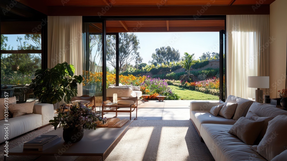 Bright sunlit room with modern decor and open folding doors revealing a vibrant flower garden outside. Bright sunlit room with modern decor and open folding doors revealing a vibrant flower garden outside.