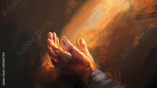 A bright watercolor depicting a man's hands with an apologetic gesture, please forgive me. The concept of human relationships