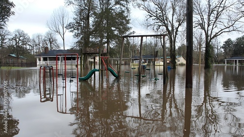 Flooded Playground Near School Underwater Due to Rain