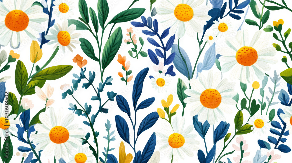 This design features a field of embroidered flowers, herbs, and leaves. It's perfect for fashion prints, patches, or DIY projects. The illustration includes daisies, branches, and a stitched texture. This design features a field of embroidered flowers, herbs, and leaves. It's perfect for fashion prints, patches, or DIY projects. The illustration includes daisies, branches, and a stitched texture.