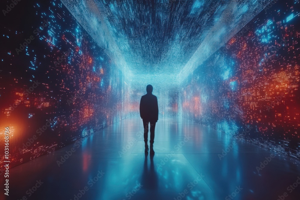 A man stands in a long, dark tunnel with a blue light shining on him A man stands in a long, dark tunnel with a blue light shining on him