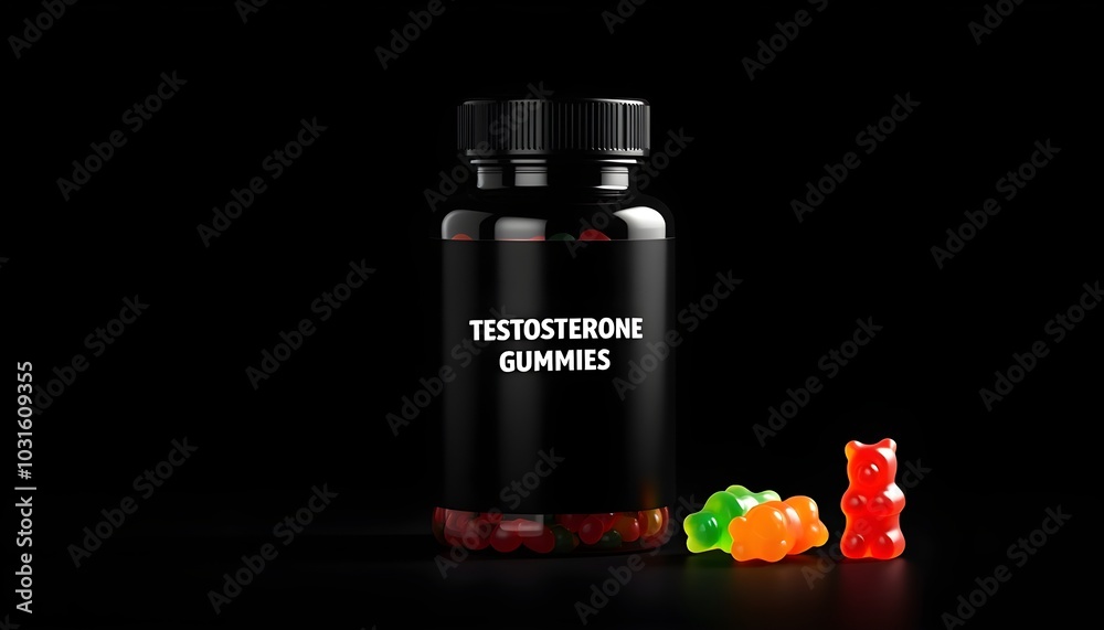Black bottle labeled 'testosterone gummies' with colorful gummies, symbolizing fitness supplements. Black bottle labeled 'testosterone gummies' with colorful gummies, symbolizing fitness supplements.