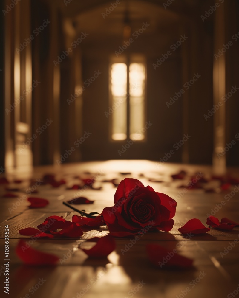 A red rose lying on the floor with petals scattered around in a softly lit hallway. A red rose lying on the floor with petals scattered around in a softly lit hallway.