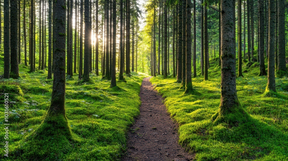 Tranquil forest path adorned with lush moss, sunlight gently filtering through the trees. Tranquil forest path adorned with lush moss, sunlight gently filtering through the trees.