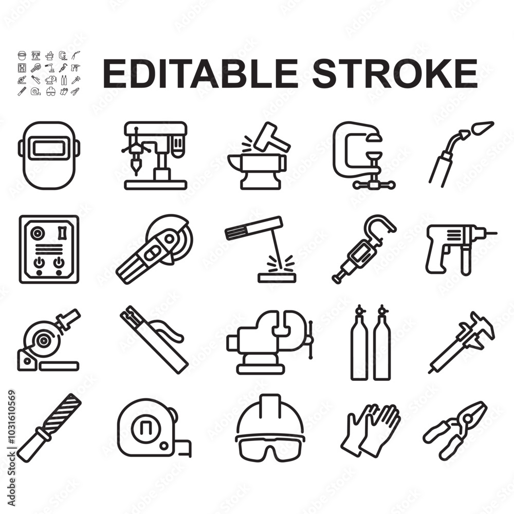 Fototapeta premium Metalworking Icon Set. Contains tool icons in metalworking such as drills, iron cutters, welding.