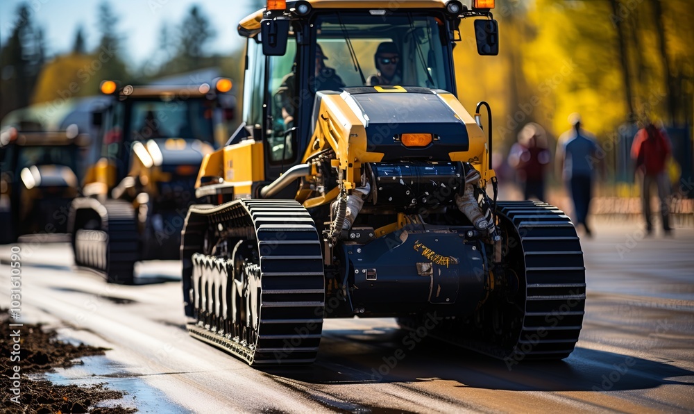 Large Bulldozer Driving on Road Large Bulldozer Driving on Road