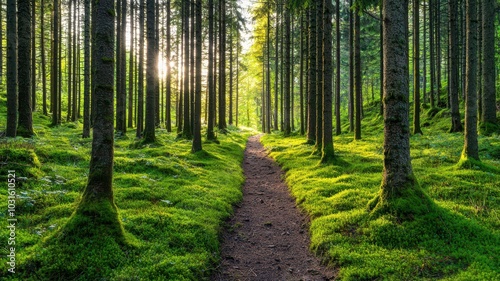 Tranquil forest path adorned with lush moss, sunlight gently filtering through the trees.