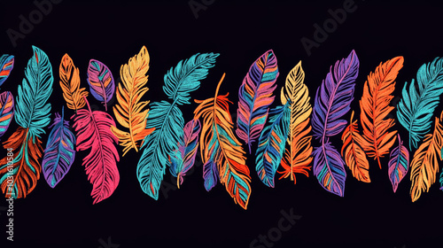 A decorative border with colorful feathers, perfect for boho-style clothing or Indian-inspired designs. It features a classic embroidered look and is ready for use in your fashion projects. photo