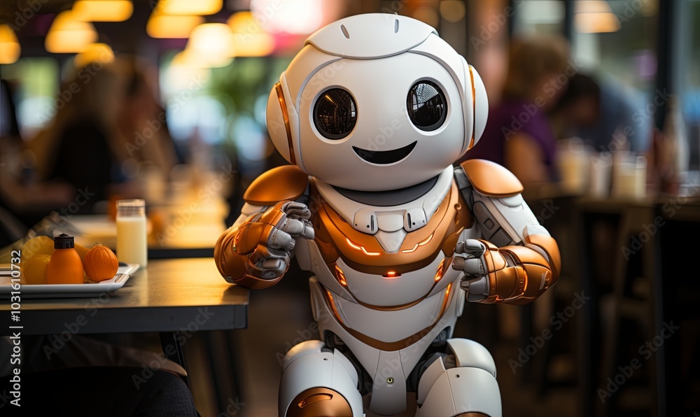 Robot Sitting at Table in Restaurant Robot Sitting at Table in Restaurant