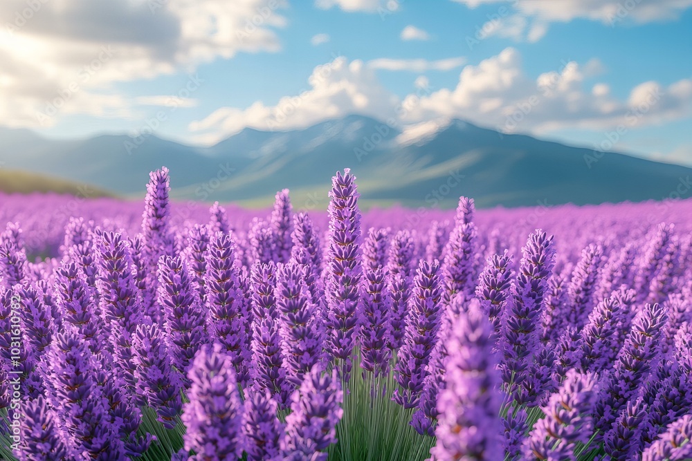 Obraz premium Scenic view of lavender field with mountains in the distance under blue sky