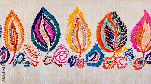 A decorative border with colorful feathers, perfect for boho-style clothing or Indian-inspired designs. It features a classic embroidered look and is ready for use in your fashion projects. photo