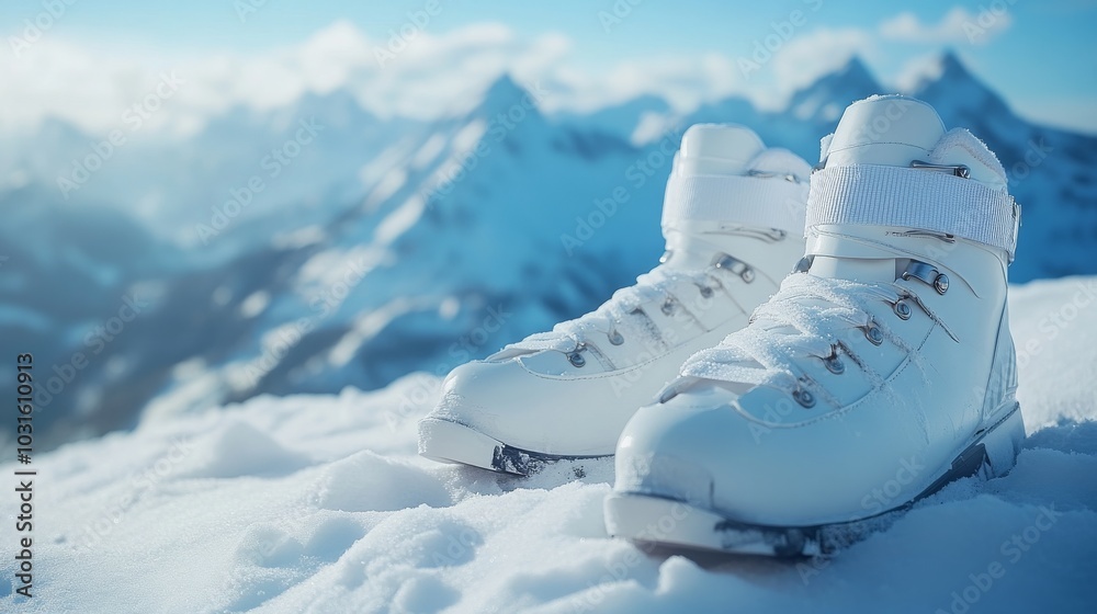 White winter ski shoes in snow and a landscape of mountains. White winter ski shoes in snow and a landscape of mountains.