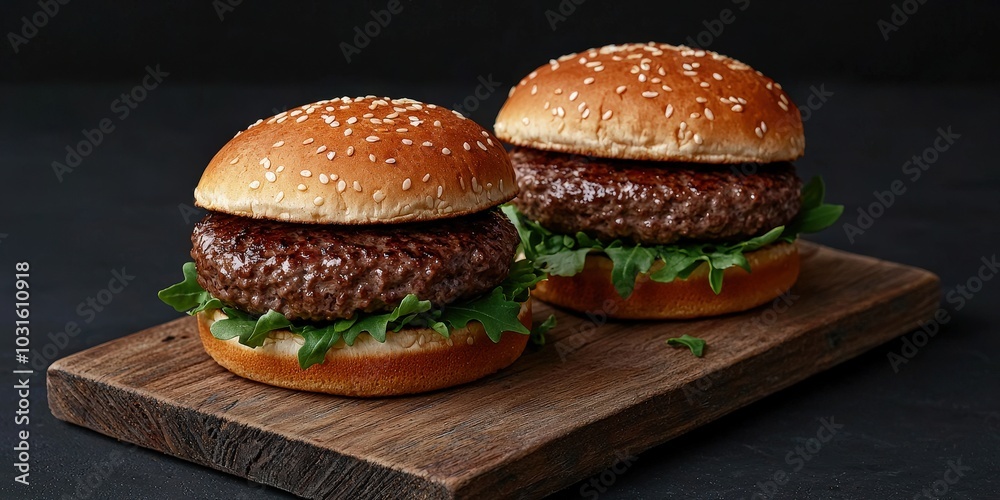 Juicy Beef Burgers with Sesame Seed Buns on Rustic Wooden Board Juicy Beef Burgers with Sesame Seed Buns on Rustic Wooden Board