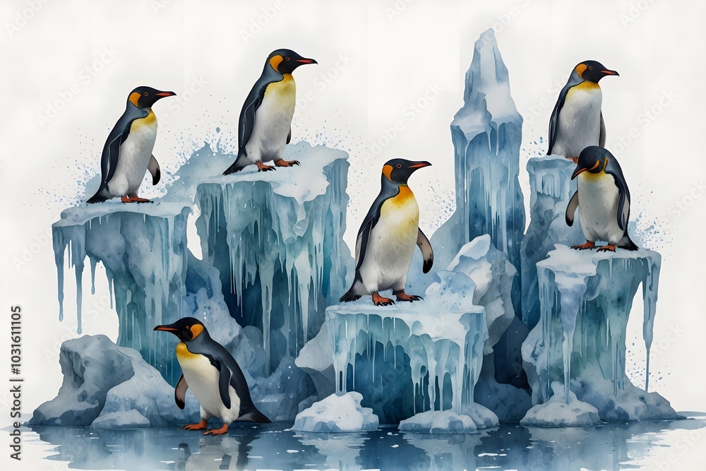 Fototapeta premium Penguins building ice sculptures in watercolor style
