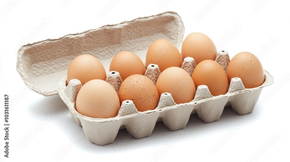 Eight brown eggs in an open cardboard carton on a white background. Eight brown eggs in an open cardboard carton on a white background.