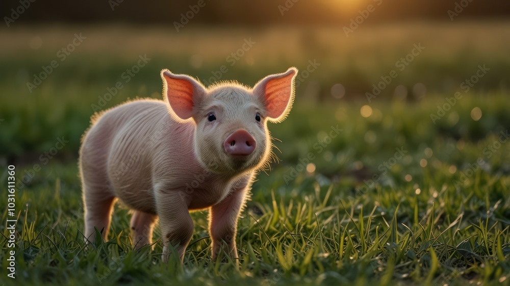 A cute piglet stands in a field of grass, bathed in the golden light of the setting sun. A cute piglet stands in a field of grass, bathed in the golden light of the setting sun.