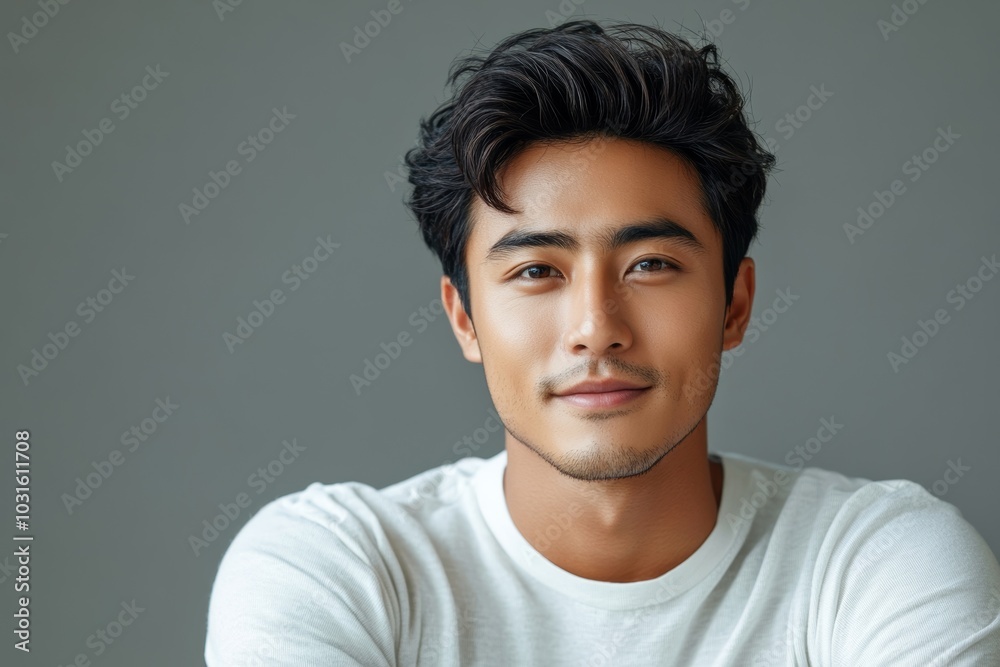 Obraz premium Portrait of young handsome asian rapper smile at engineer studio, Generative AI