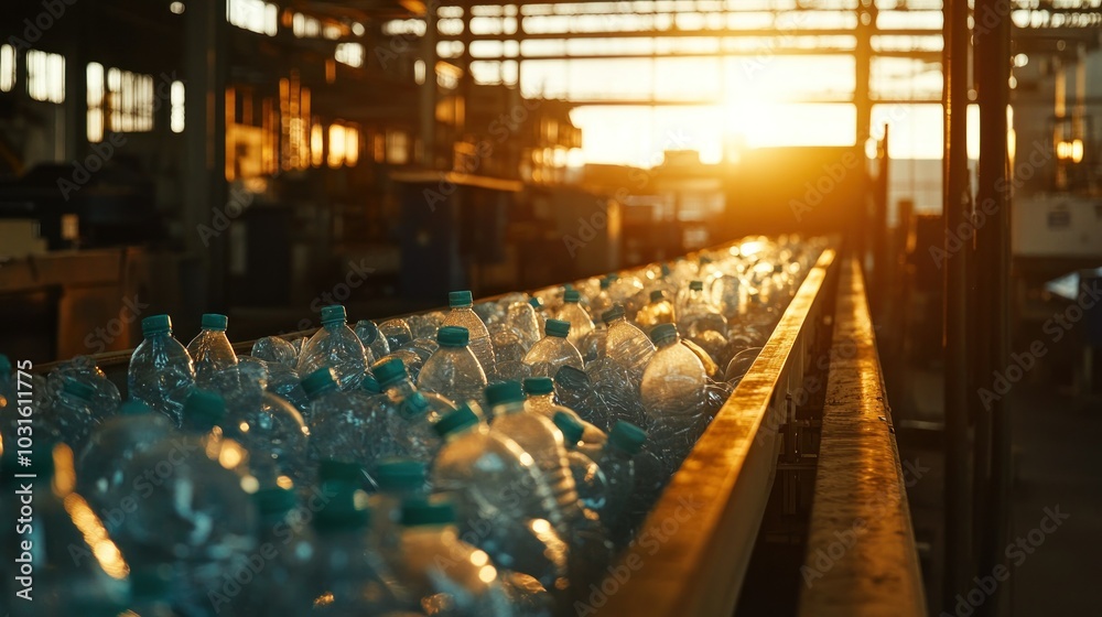 A Conveyor Belt Filled with Plastic Water Bottles at Sunset A Conveyor Belt Filled with Plastic Water Bottles at Sunset