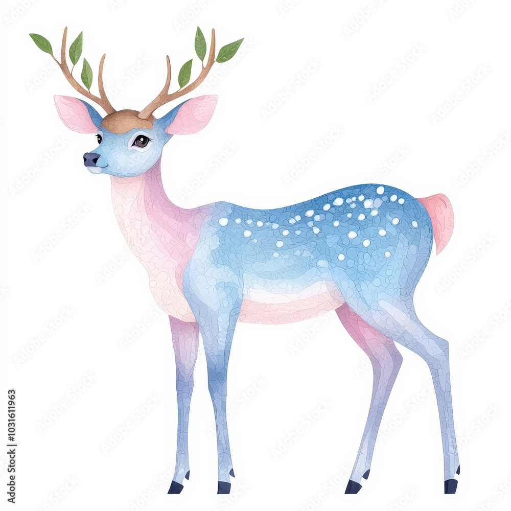 Blue Deer with Antlers and Spotted Fur Illustration Watercolor Style Blue Deer with Antlers and Spotted Fur Illustration Watercolor Style