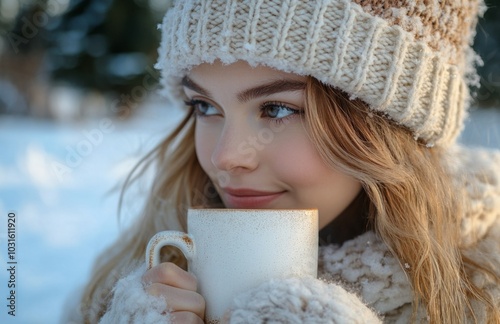 Young woman drinks coffee outdoors in snowy winter park