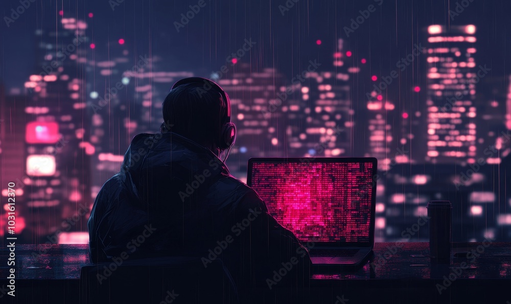 Hacker hacking with laptop and data screen background, Generative AI Hacker hacking with laptop and data screen background, Generative AI