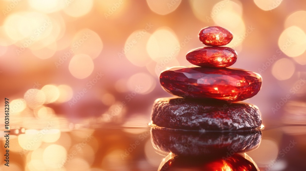 Obraz premium Stacked garnet stones with a soft light. Concept of mental state and concentration