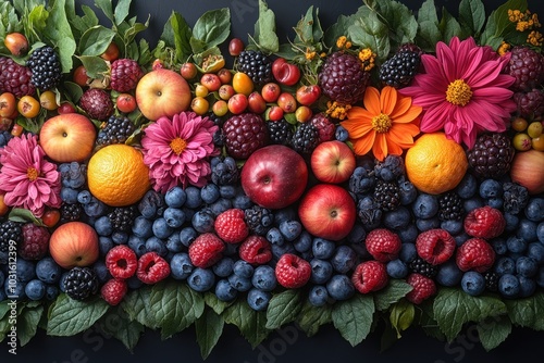 A colorful arrangement of fresh fruit and flowers including apples, blackberries, blueberries, raspberries, oranges, and pink flowers on a dark background.