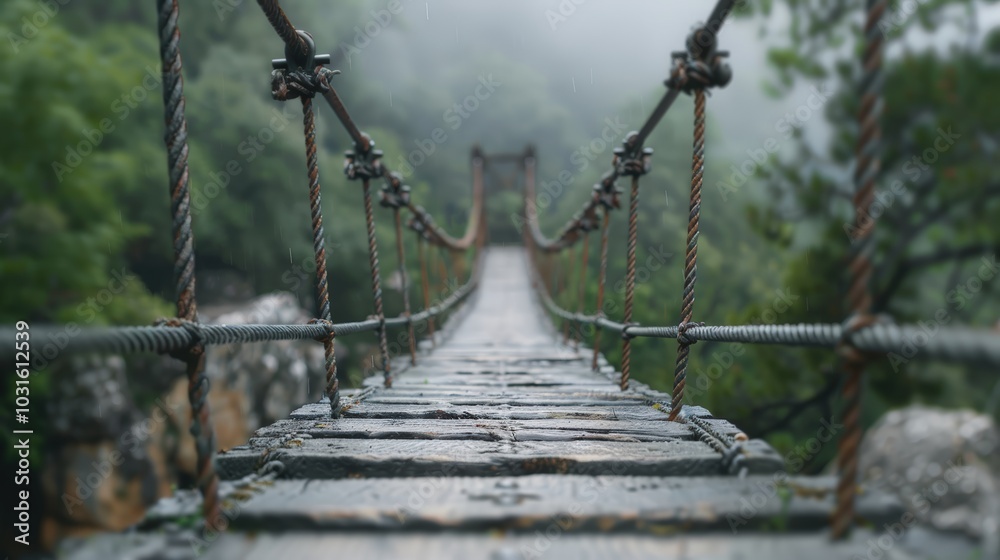 Misty Footbridge in Lush Green Forest Misty Footbridge in Lush Green Forest