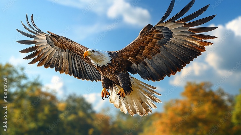 Fototapeta premium A majestic bald eagle with spread wings soars through the sky with a forest backdrop.