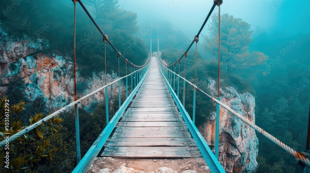 Fototapeta premium Serene Suspension Bridge in Foggy Landscape
