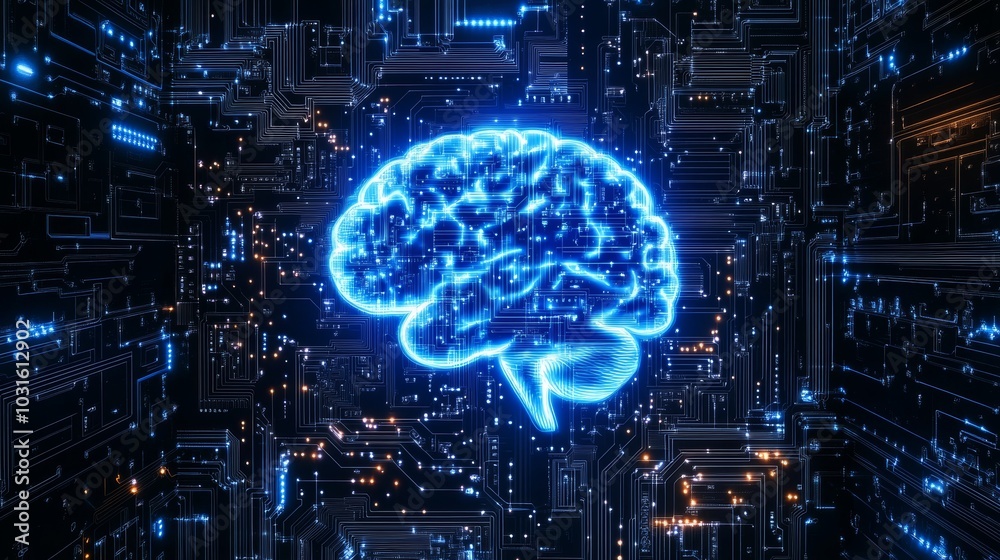 A human brain seamlessly merging with a digital circuit board, glowing with blue light, representing the fusion of biological intelligence and cutting-edge AI technology A human brain seamlessly merging with a digital circuit board, glowing with blue light, representing the fusion of biological intelligence and cutting-edge AI technology