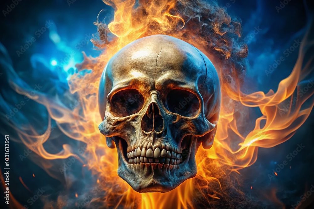 Skull with Flame: Captivating Candid Photography of a Skull Surrounded by a Blue and Orange Background for Unique